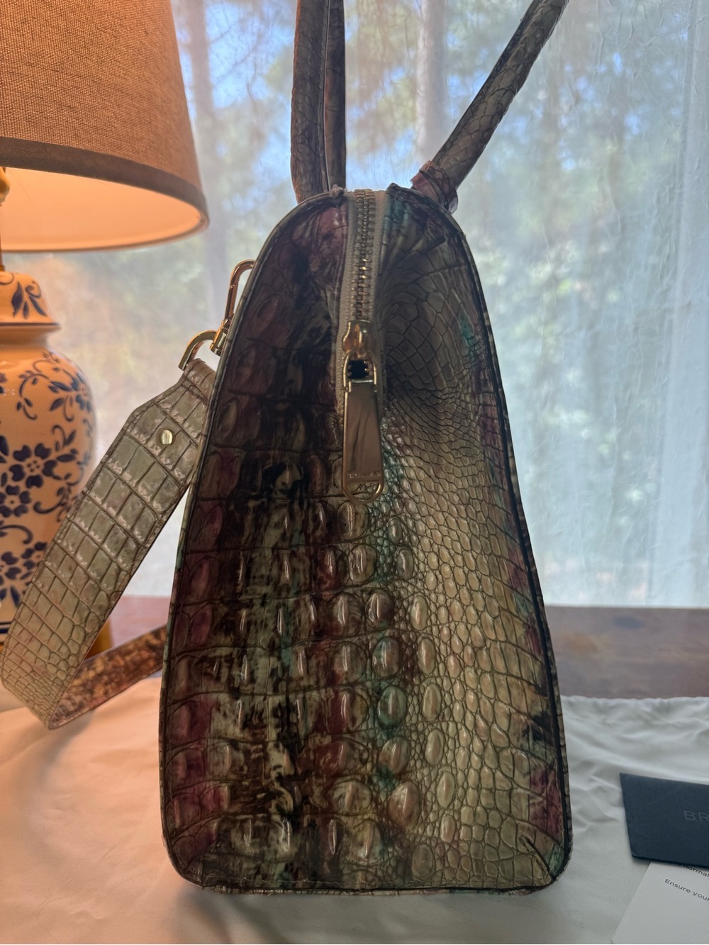 Brahmin Green and Mauve Croc-Embossed Satchel - Picture 5 of 13